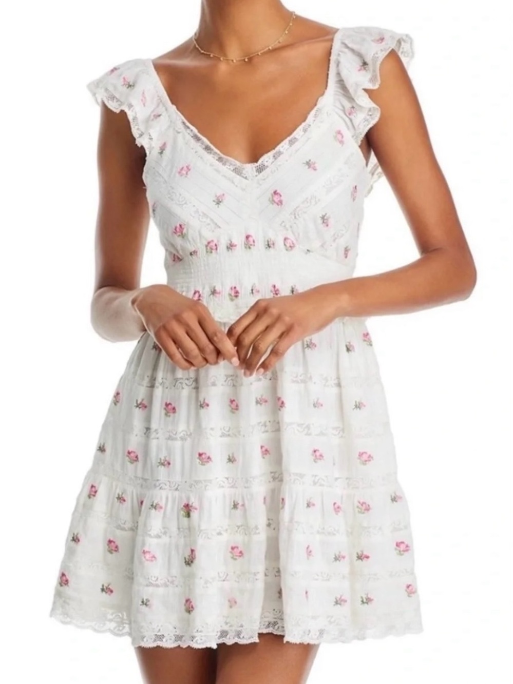 LoveShackFancy White Floral Lace Mini Dress with Pink Rose Embroidery